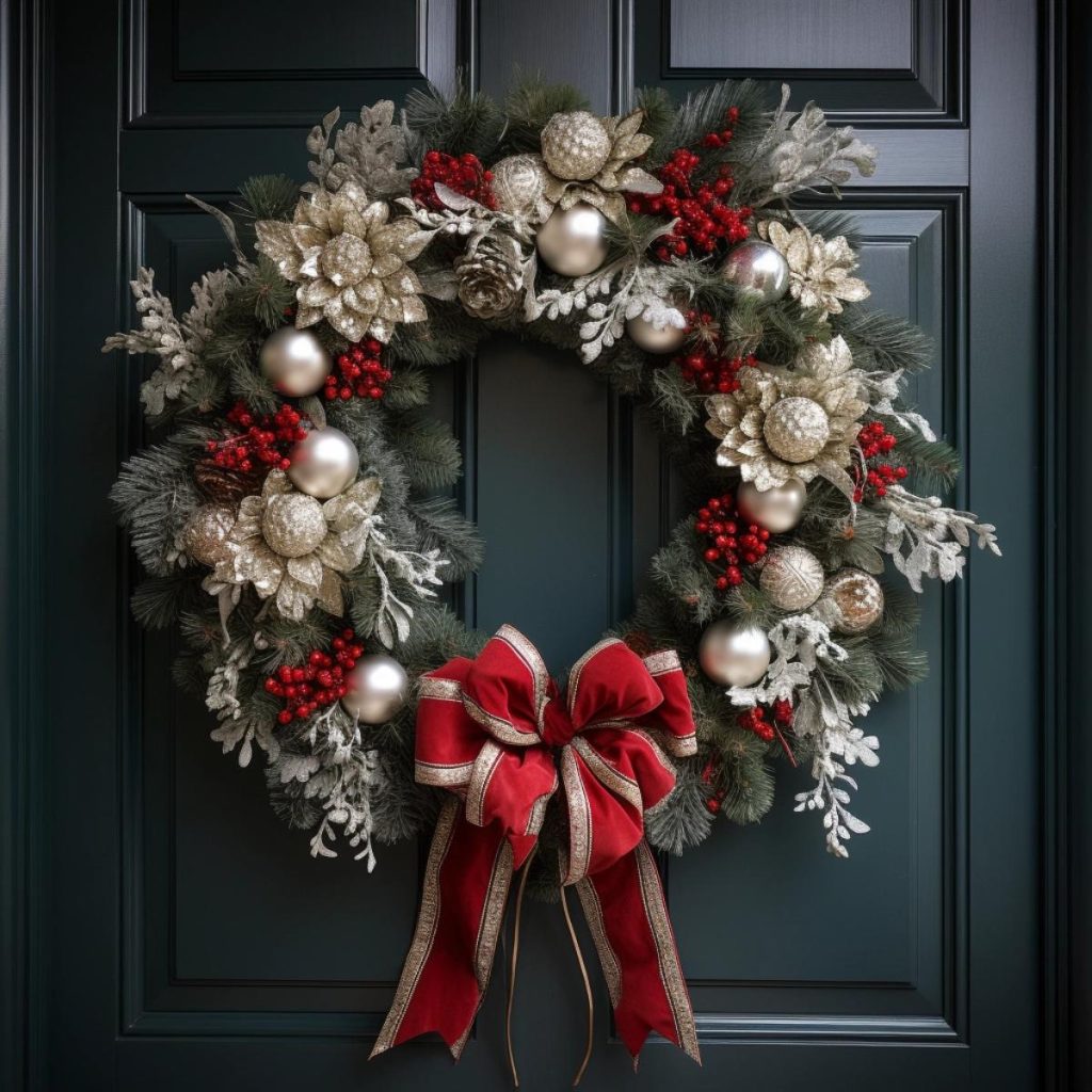 A festive Christmas wreath with silver and red ornaments, silver flowers, red berries and a red bow hangs on a dark green door.