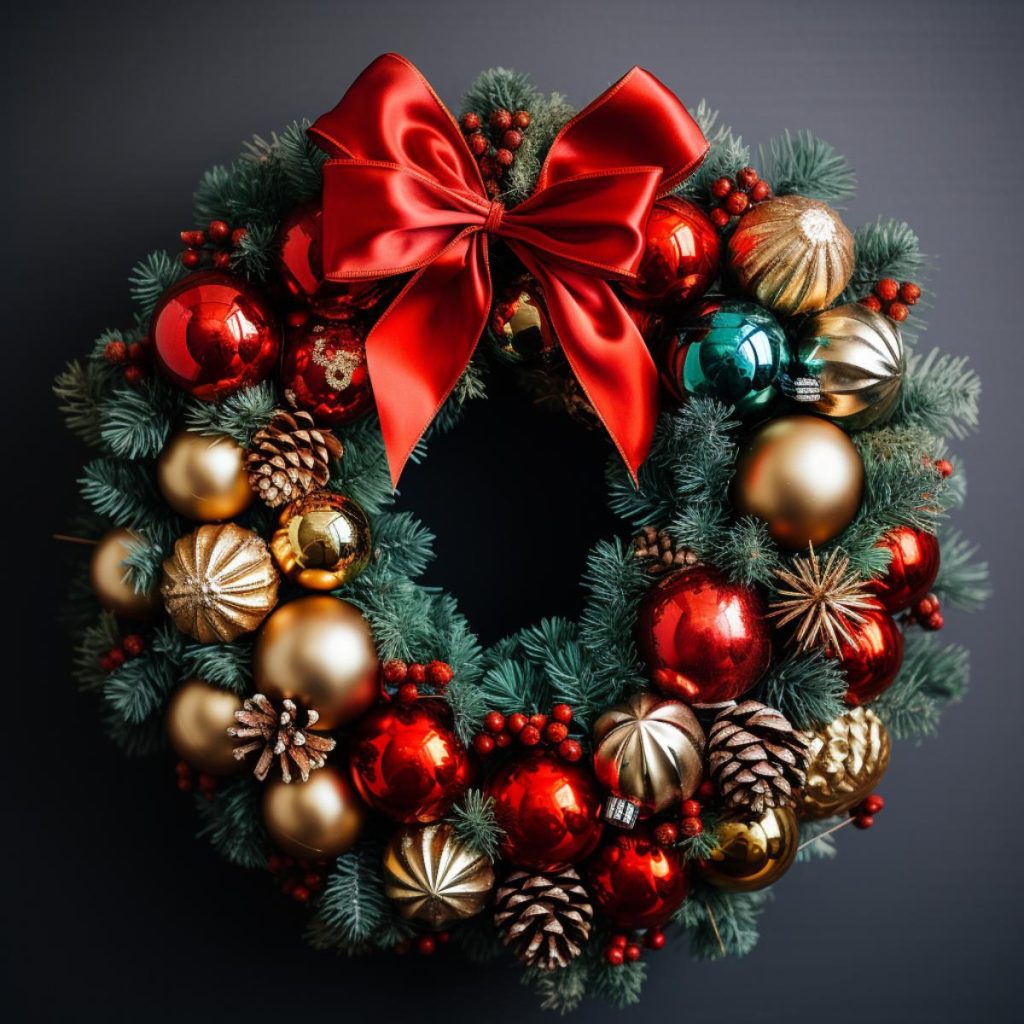 A festive wreath decorated with red and gold ornaments, pine cones and berries and topped with a large red bow is seen against a dark background.