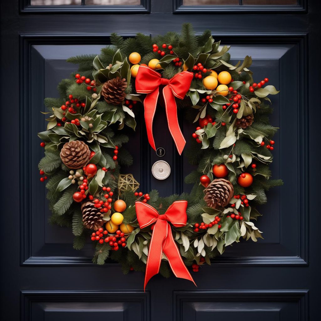 This wreath is full of pine leaves, holly and pine cones, playfully accented with orange balls