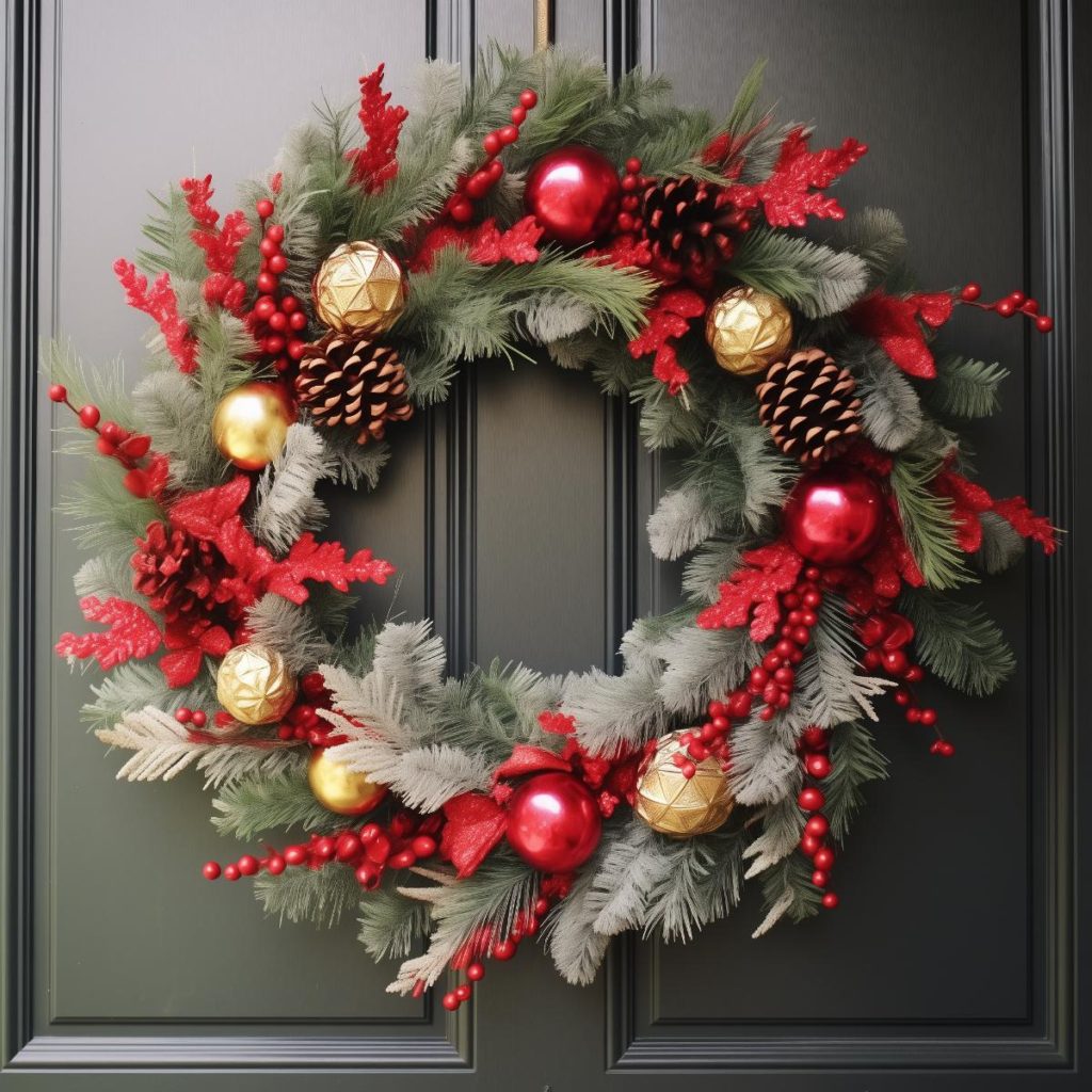 Dark conifer leaves form the base of this wreath, adorned with faux red foliage and a mix of red and gold baubles, creating a harmonious blend of color and texture