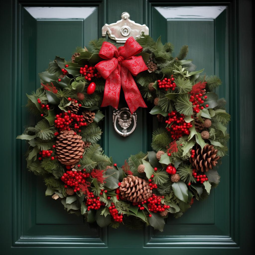 Conifer and holly leaves combine with a mix of pine cones and red berries in this wreath design