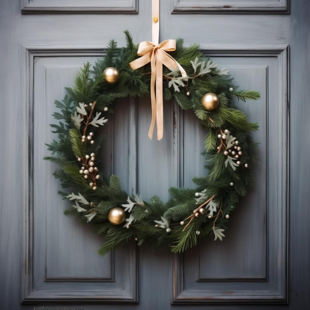 This wreath features a tapestry of conifer leaves artfully arranged in a clockwise direction with faux branches, faux berries and gold baubles