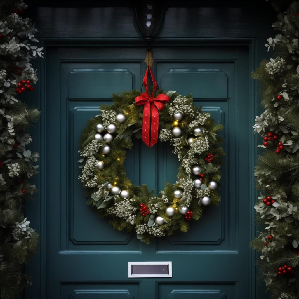 This conifer leaf wreath is sprinkled with dainty white flowers and LED lights, complemented by red berries and silver baubles, all tied together with a charming red bow