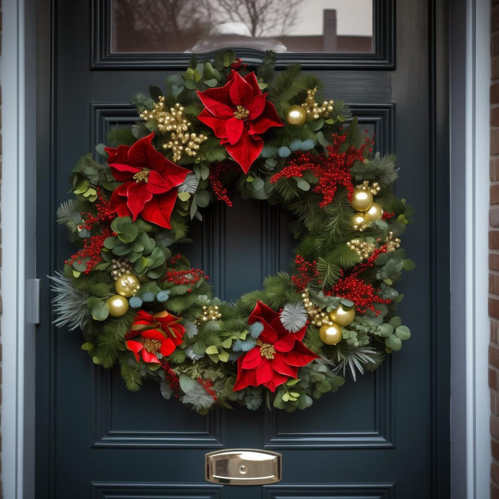 Lush coniferous and boxwood leaves form the base of this wreath, accented with tiny gold and red Christmas berries, gold baubles and elegant poinsettia flowers for a festive luxury