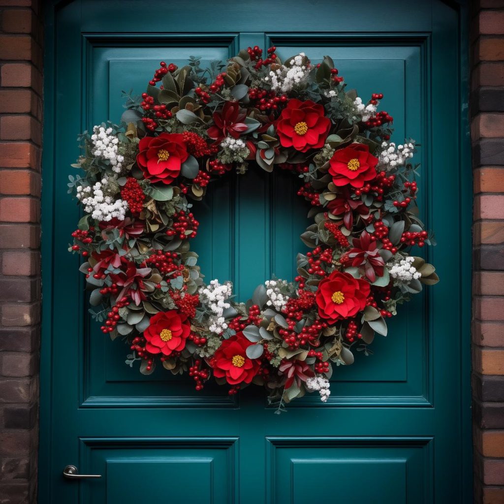 This lush wreath is teeming with various shades of green and red berries