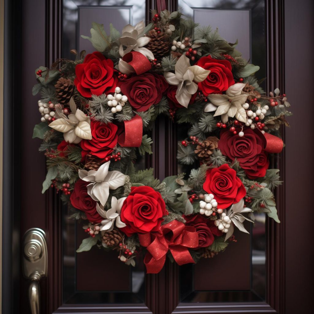 A wreath of pine cones, red and white berries, silver leaves and large red roses populates this wreath and rests over a sparkling red ribbon