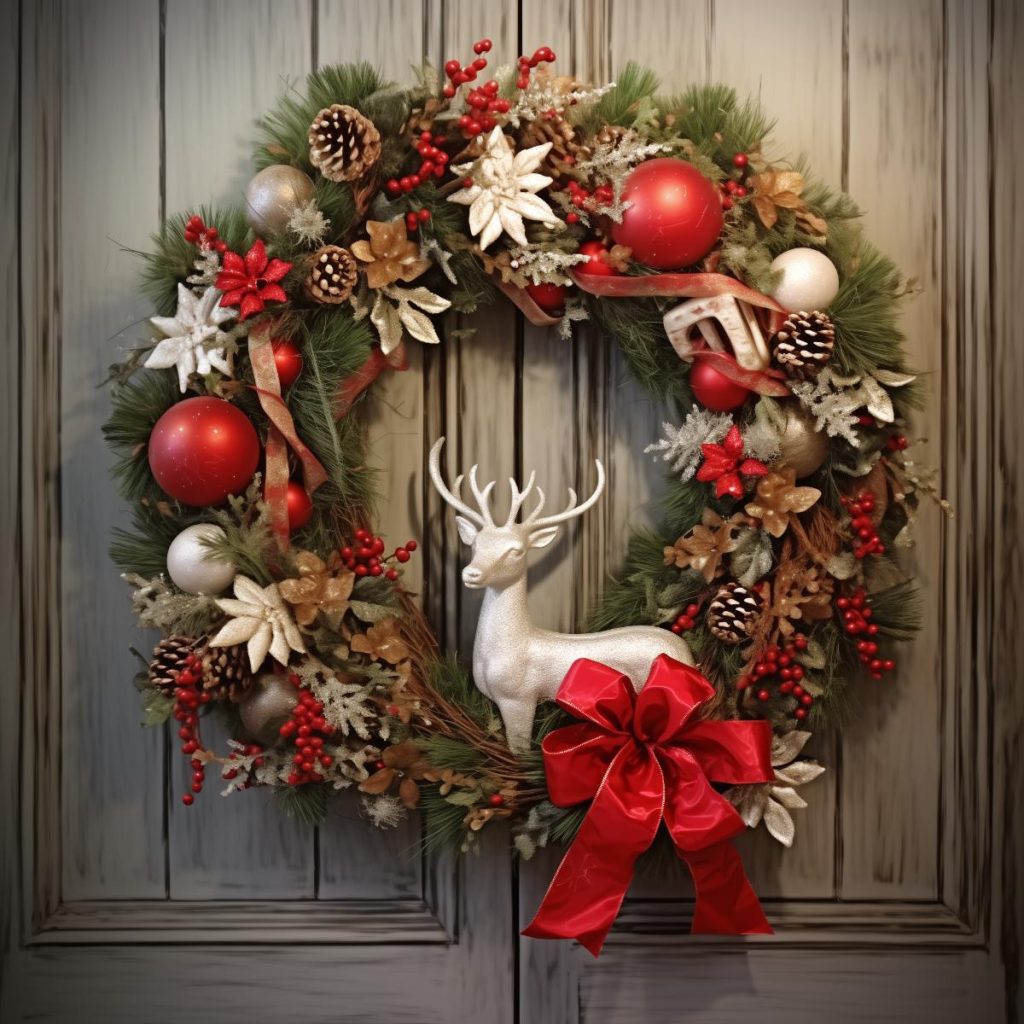 A transparent red and gold ribbon climbs the needles of the conifers, red balls and sparkling white, red berries, frosty stems and red artificial flowers on this wreath