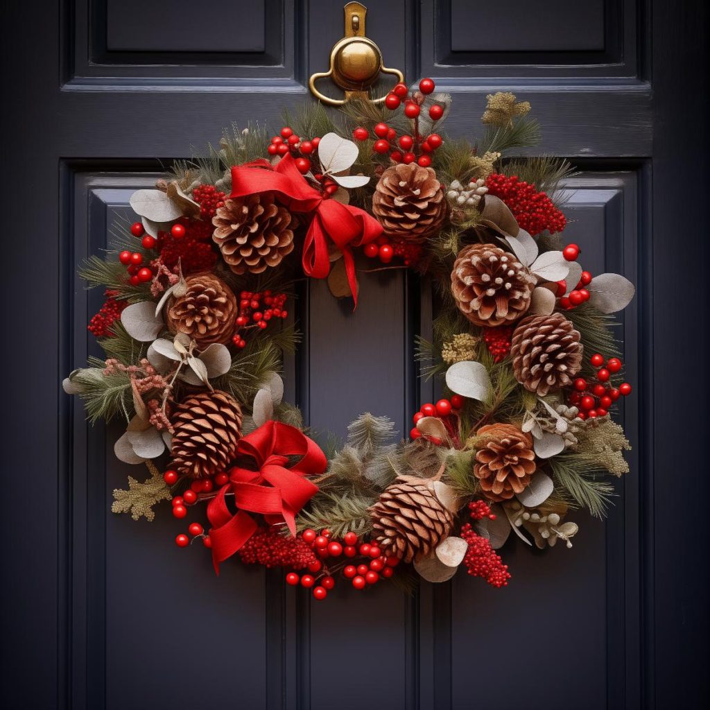 This wreath is made of conifer greenery with large pine cones, red berries, eucalyptus leaves and two red ribbons