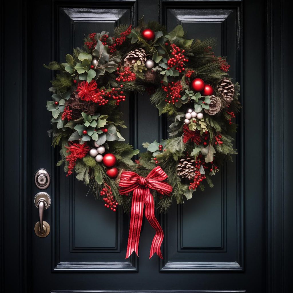 This wreath is bursting with varied greenery, bright red and light silver baubles and <a href=