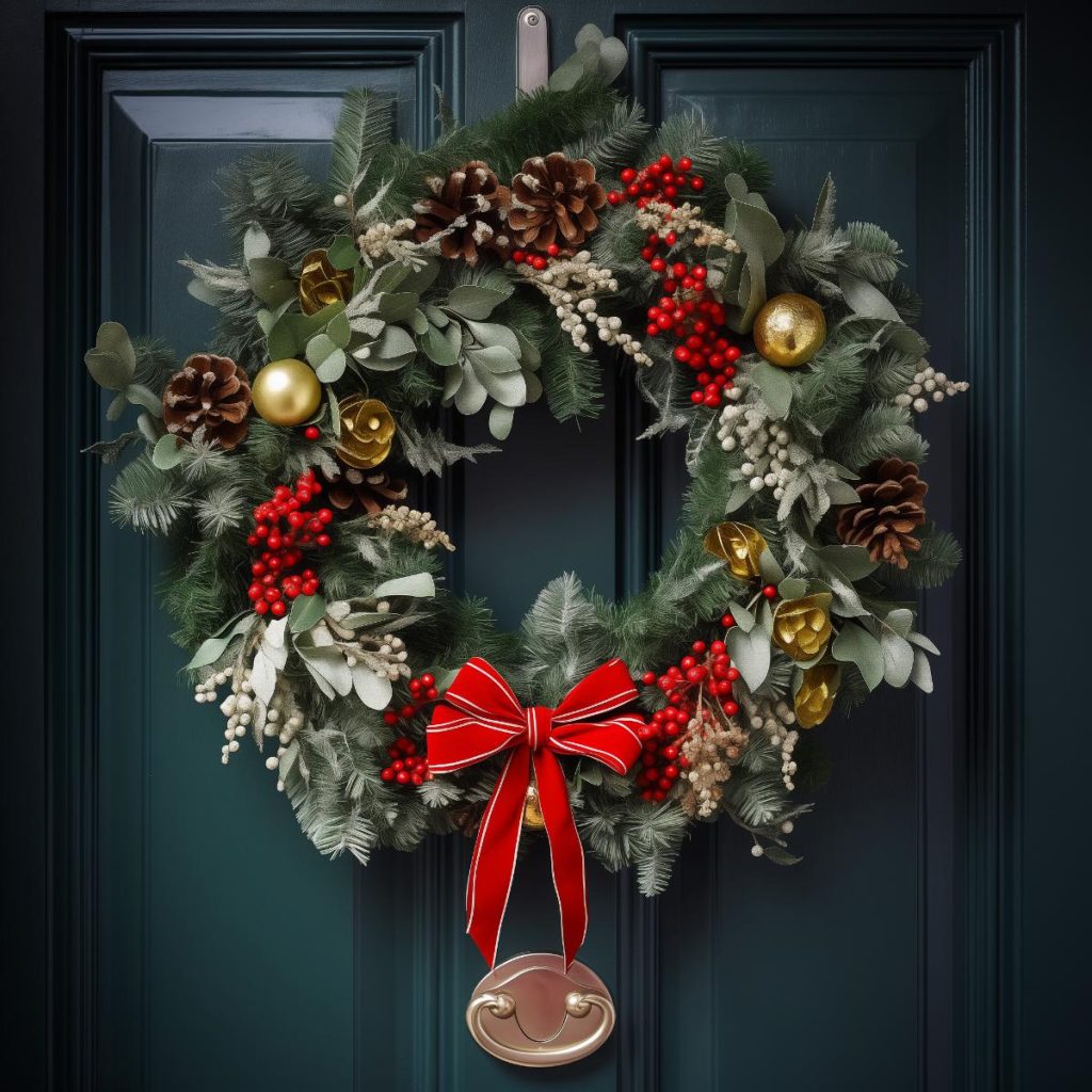 Various leaves add tons of texture to this attractive wreath, along with gold and red baubles, pine cones, faux white berry stems, and dainty white flowers