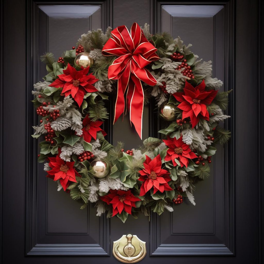 Holly and conifer leaves form the backdrop for this beautiful wreath, where poinsettia flowers, silver grass, red berries and gold baubles enliven your door