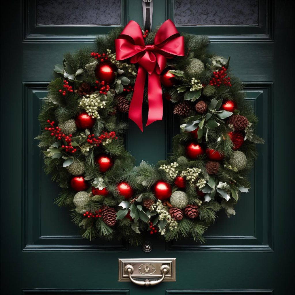 Dark green highlights the delicate white flowers, red berries and a selection of shiny and studded baubles, with a silk ribbon forming the crown of the wreath.