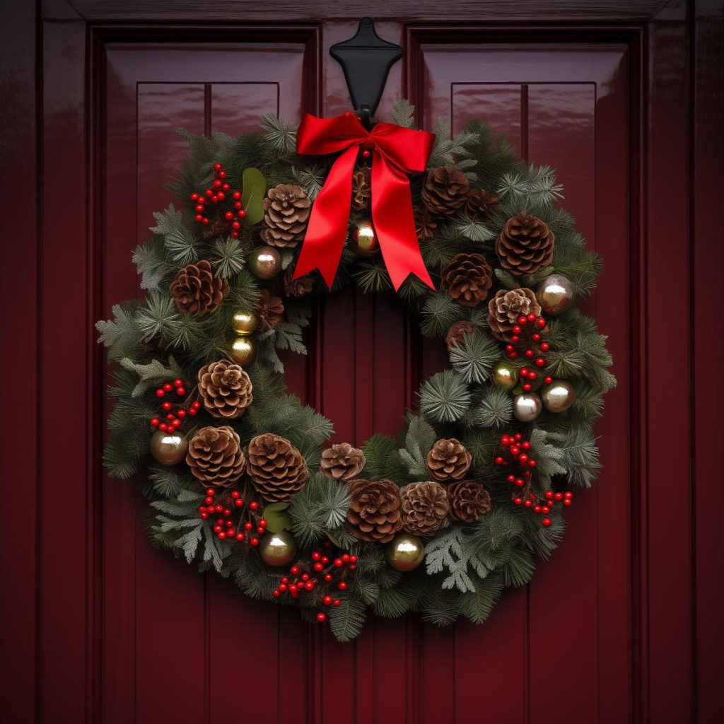 Dark conifer leaves form the base of this wreath, which is lavishly decorated with red satin ribbon, pine cones, red berries and gold baubles