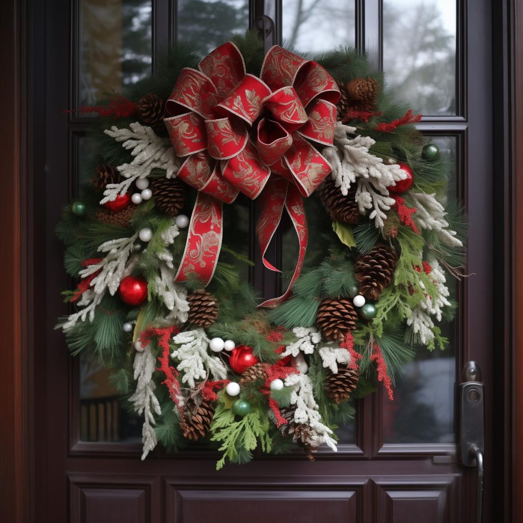 The carefully designed red ribbon with intricate patterns takes center stage in this conifer wreath with large pine cones, red baubles and silver leaves