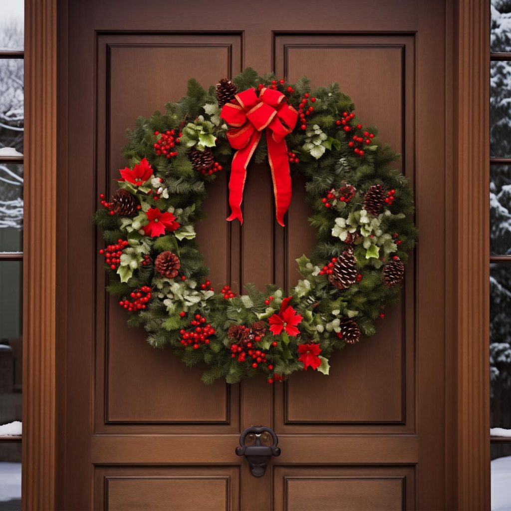 This wreath of lush conifer leaves and holly leaves is sprinkled with regular and frosted red berries and pine cones and topped with a large red ribbon edged with gold glitter