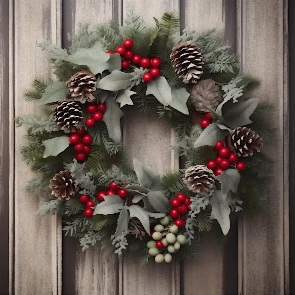 Conifer leaves and ivy come together in this wreath, decorated with pine cones and a mix of red and green berries