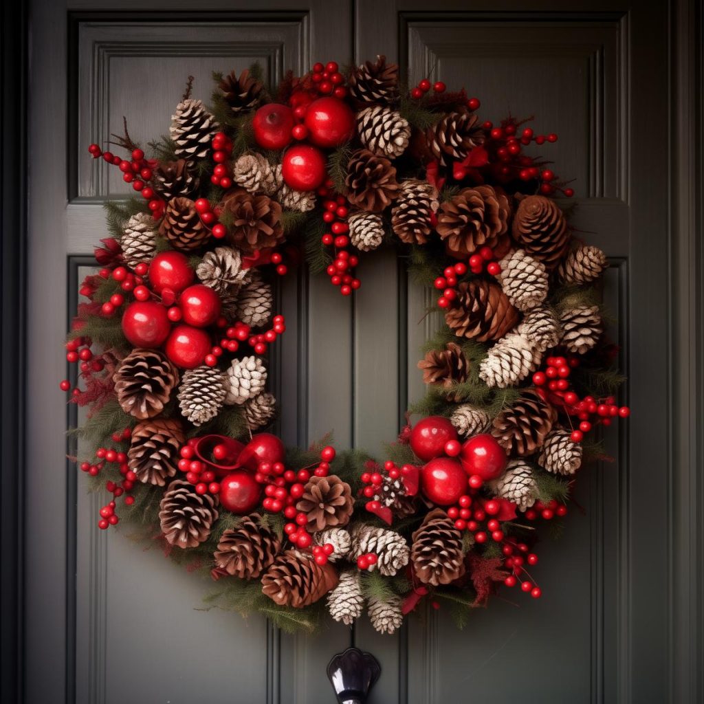 Minimal greenery is used in this wreath, with an emphasis on large pine cones and white accents. Red baubles, ribbon loops and berries create a <a href=