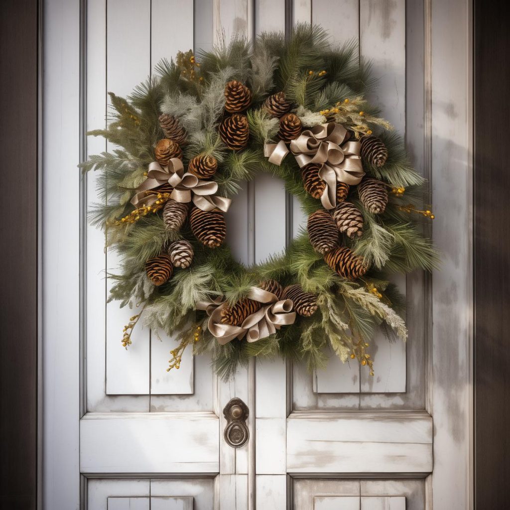 An all-pine wreath is elegantly decorated with nude ribbon loops, large pine cones, and tiny yellow flower sprigs for a natural yet sophisticated look