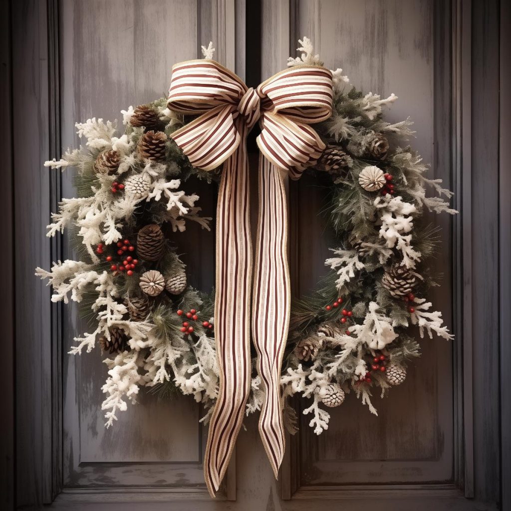 The wreath with a base of conifer leaves is transformed by white frosted pine foliage, frosted pine cones and red berries