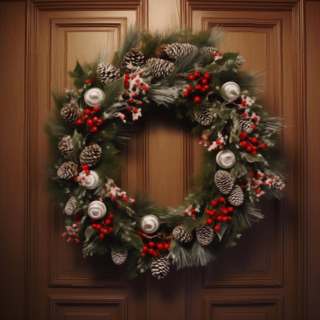 Adorned with pine cones, silver baubles, pins and frosted accents, this Christmas wreath creates a cheerful and icy holiday spirit