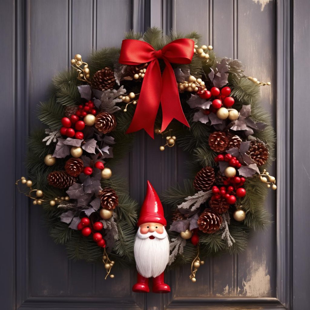 Silver Christmas leaf decor, red and gold berries, pine cones and tiny gold balls decorate this wreath