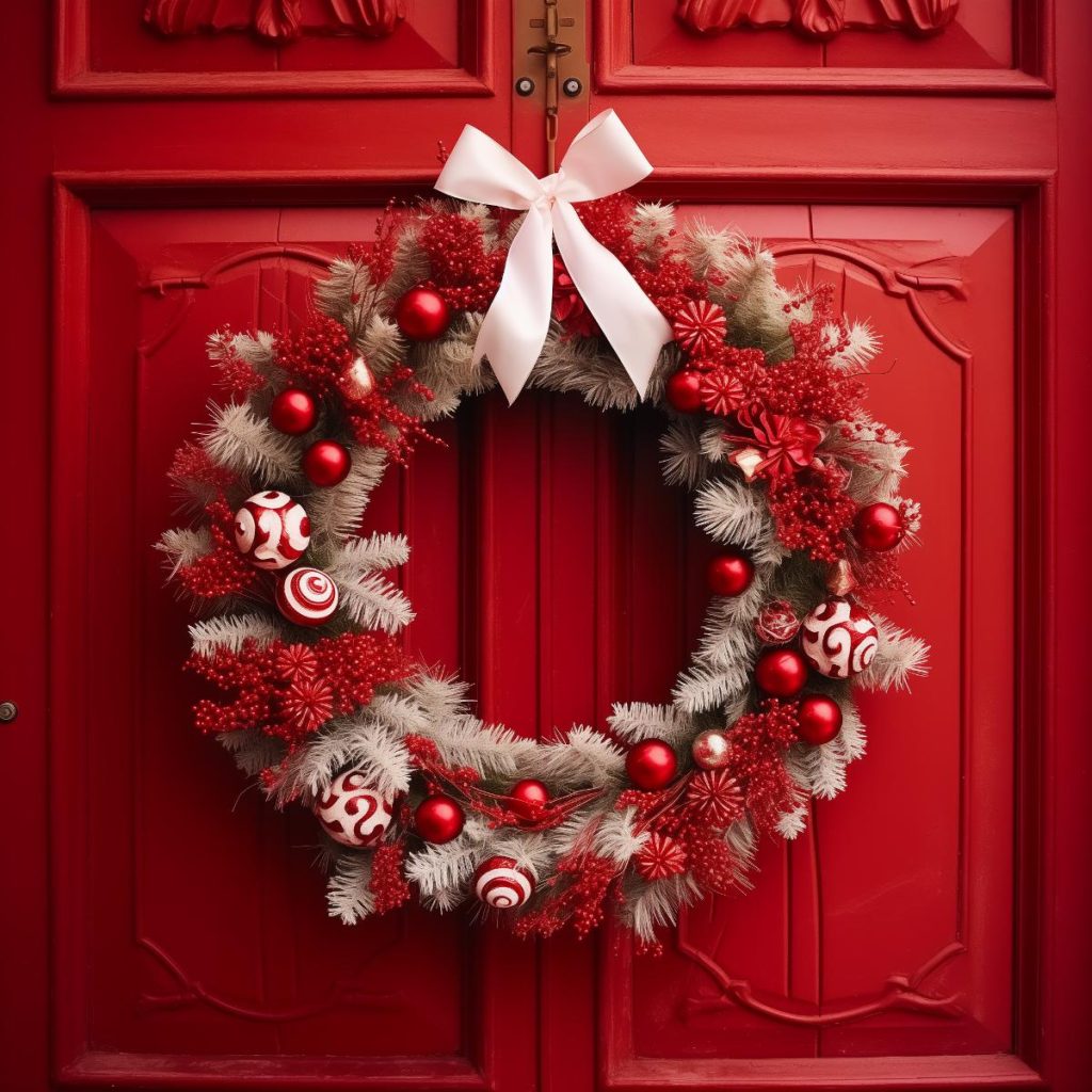 Pale conifer leaves make up this wreath, decorated with glittery red Christmas berries, red plastic pom-poms and shiny red baubles - some with pretty white swirls