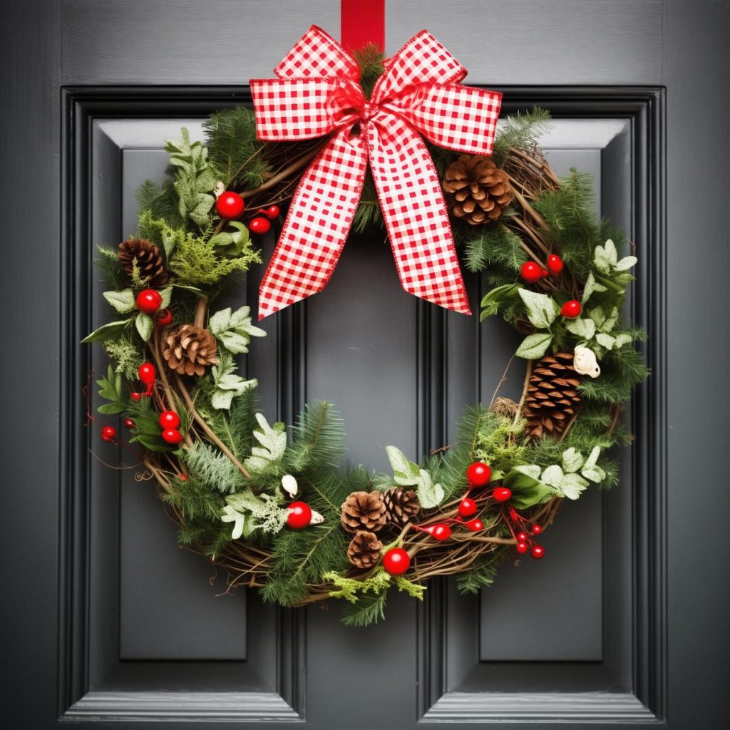 This wreath showcases an array of greenery, frosted leaves, twigs, red Christmas berries and pine cones in various sizes