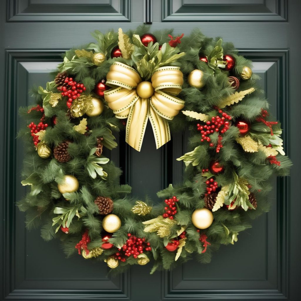 Wreath with conifer leaves, bright gold balls and leaves and a gold ribbon in the middle