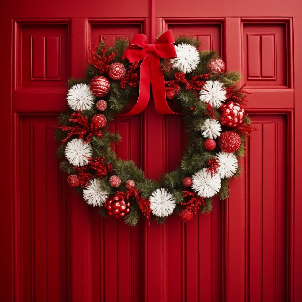 This wreath features conifer leaves, white pom-pom ornaments, glittery red branches and red baubles