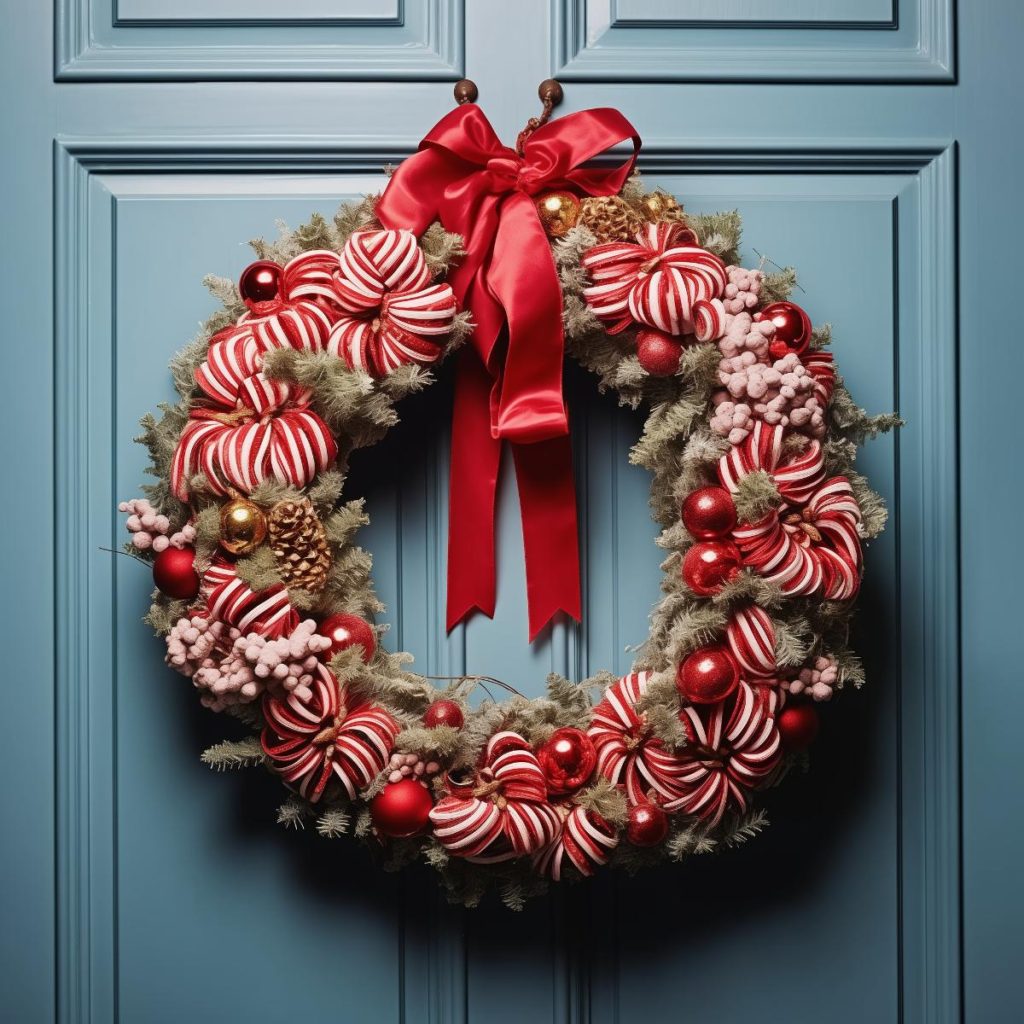 A base of densely packed, bare conifer leaves sets the stage for this wreath with peppermint decor