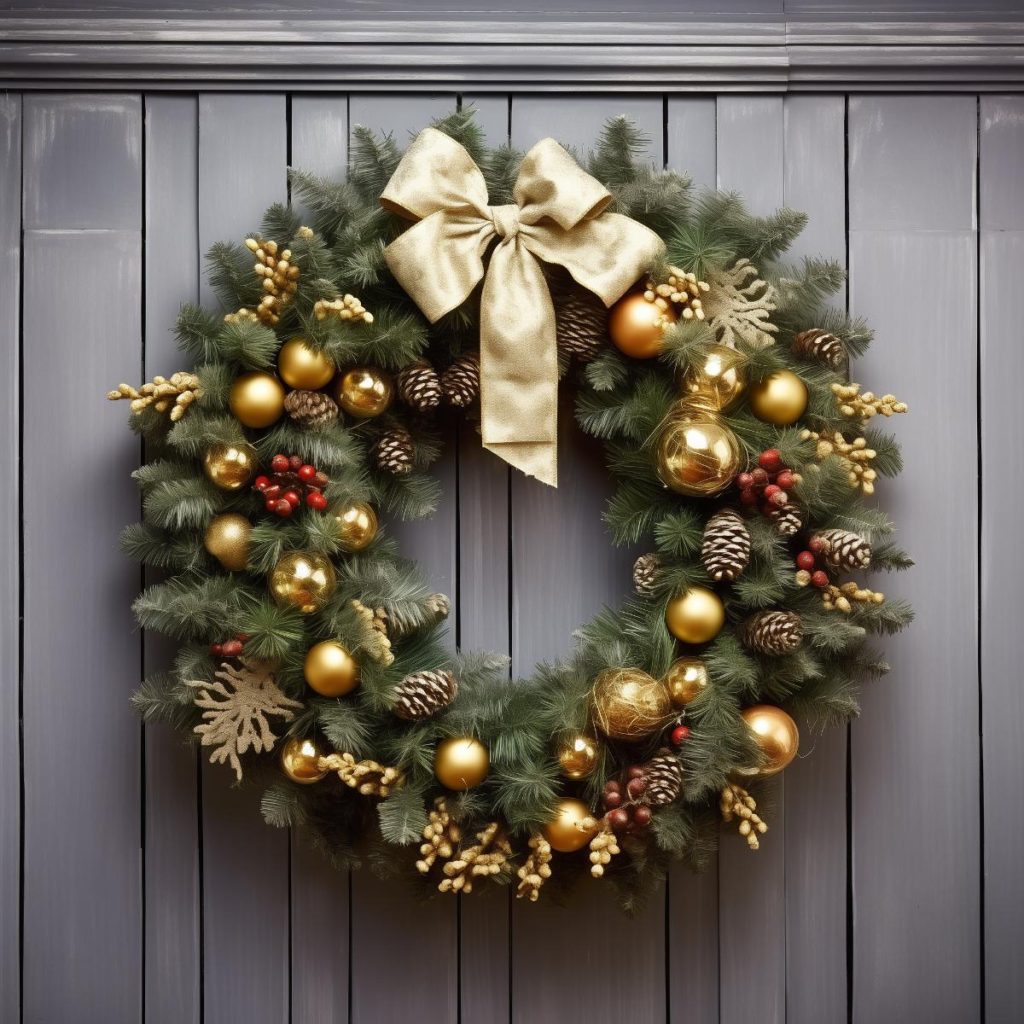 This luxurious conifer leaf wreath is brought to life with gold leaves, pearl branches and a magnificent gold ribbon