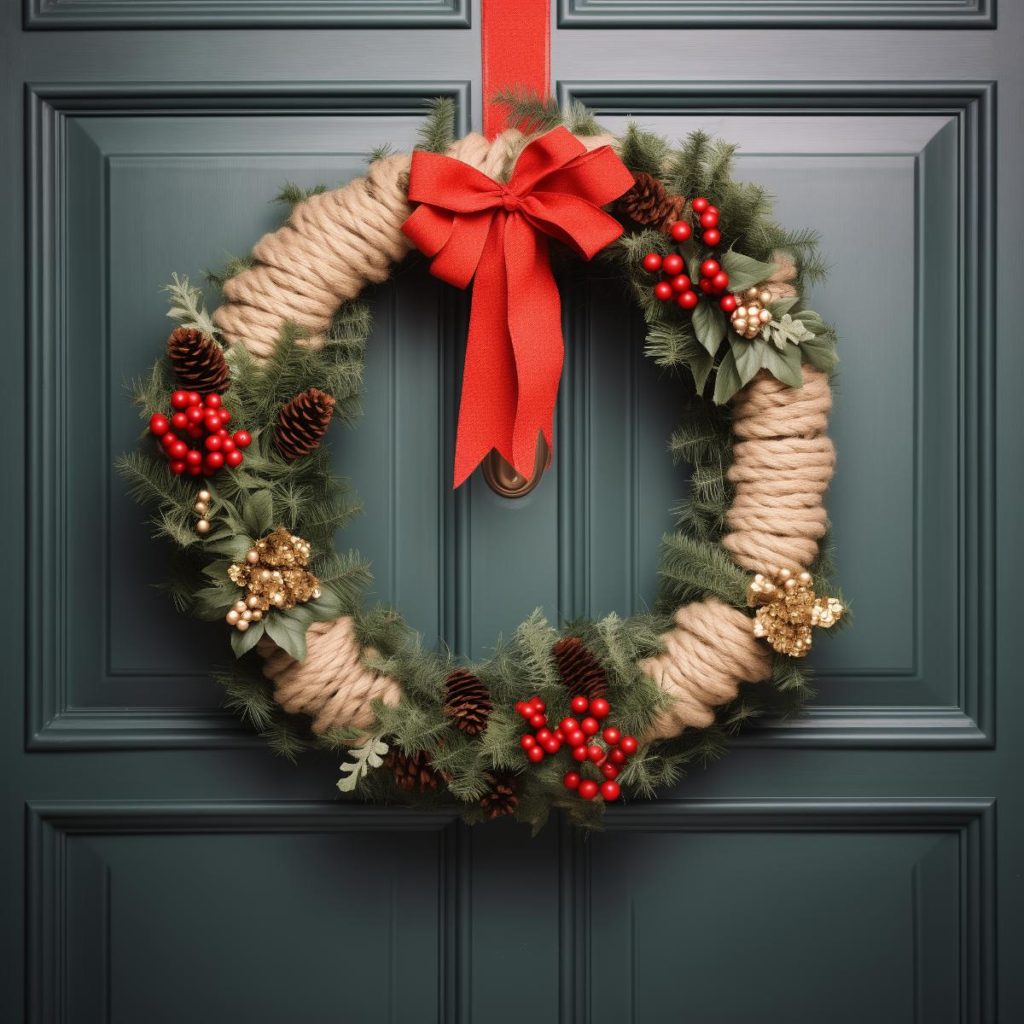 Thick, rustic yarn wraps this wreath while patches of green leaves stand out with pine cones, red and gold berries, and tiny gold flowers