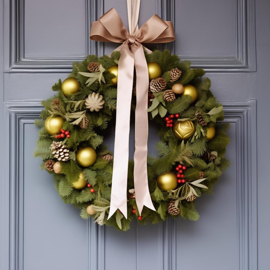 Wreath design with bright green conifer leaves, gold balls, pine cones and bright red berries