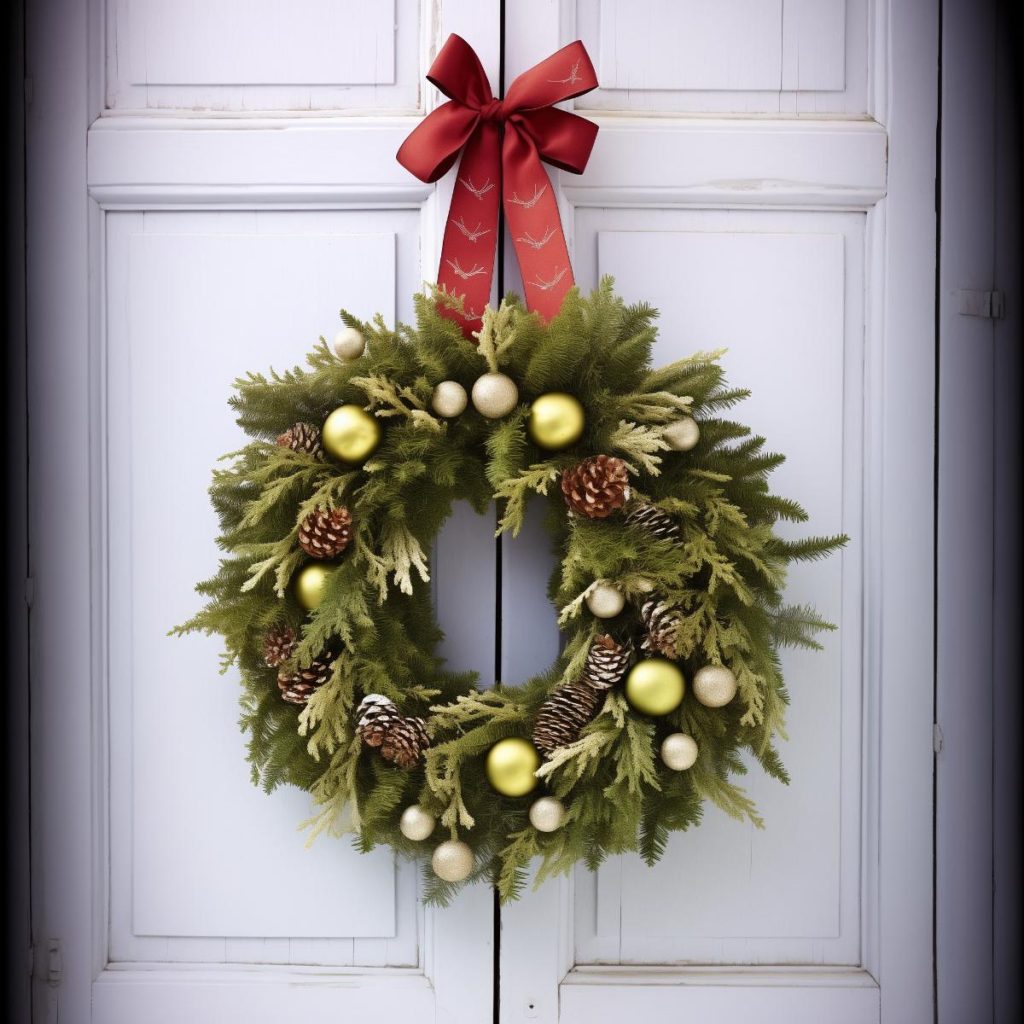 This conifer leaf wreath is a mix of lighter hues with muted gold and shiny yellow-green baubles, pinecone accents and a bold red ribbon wreath on top, giving off a warm, seasonal vibe