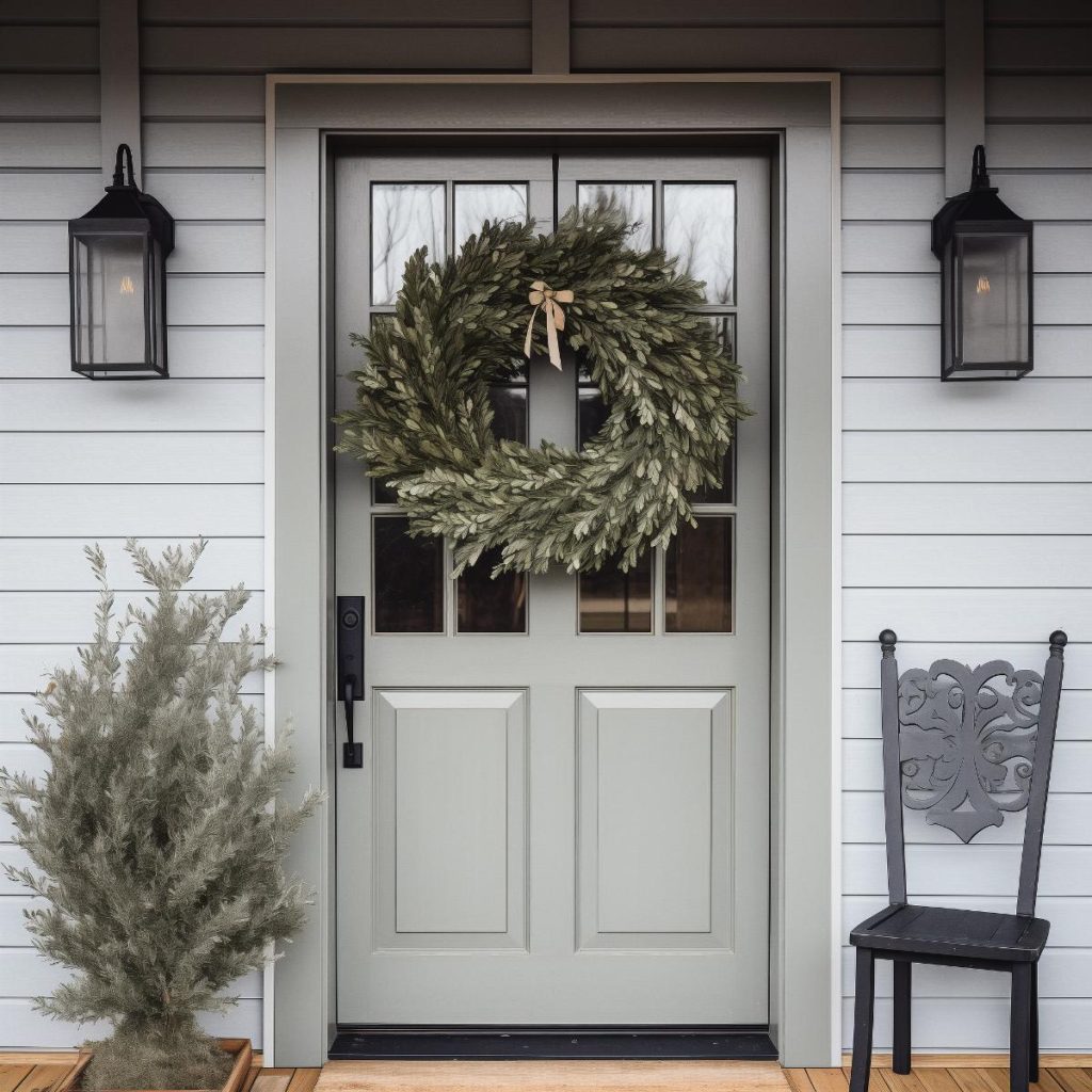 Farmhouse wreath with shaggy Italian Ruscus accented with a small and beautiful beige ribbon 