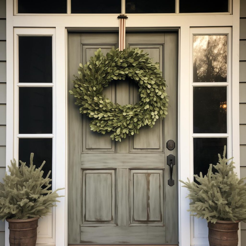 Green leaves with a striped ribbon on a farmhouse wreath