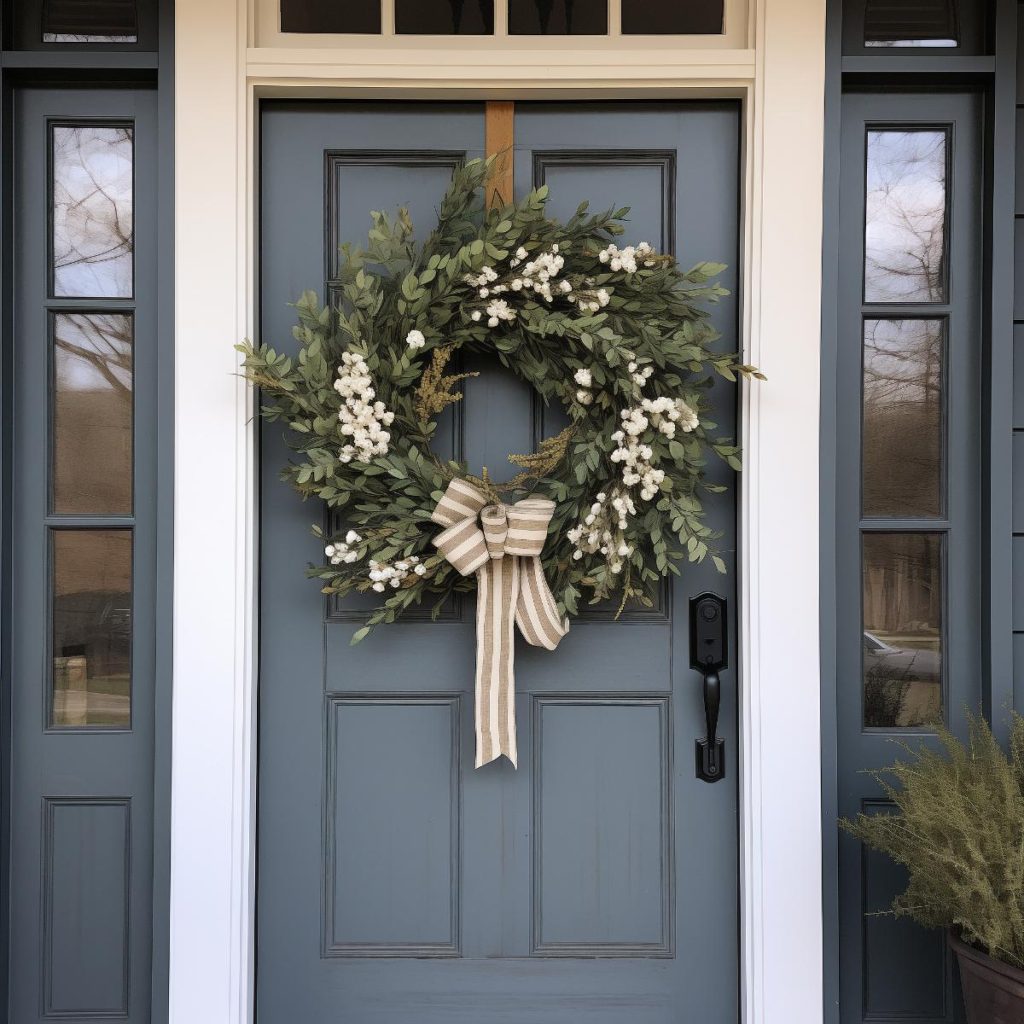 Sage leaves with splashes of white flowers on a rustic farmhouse wreath