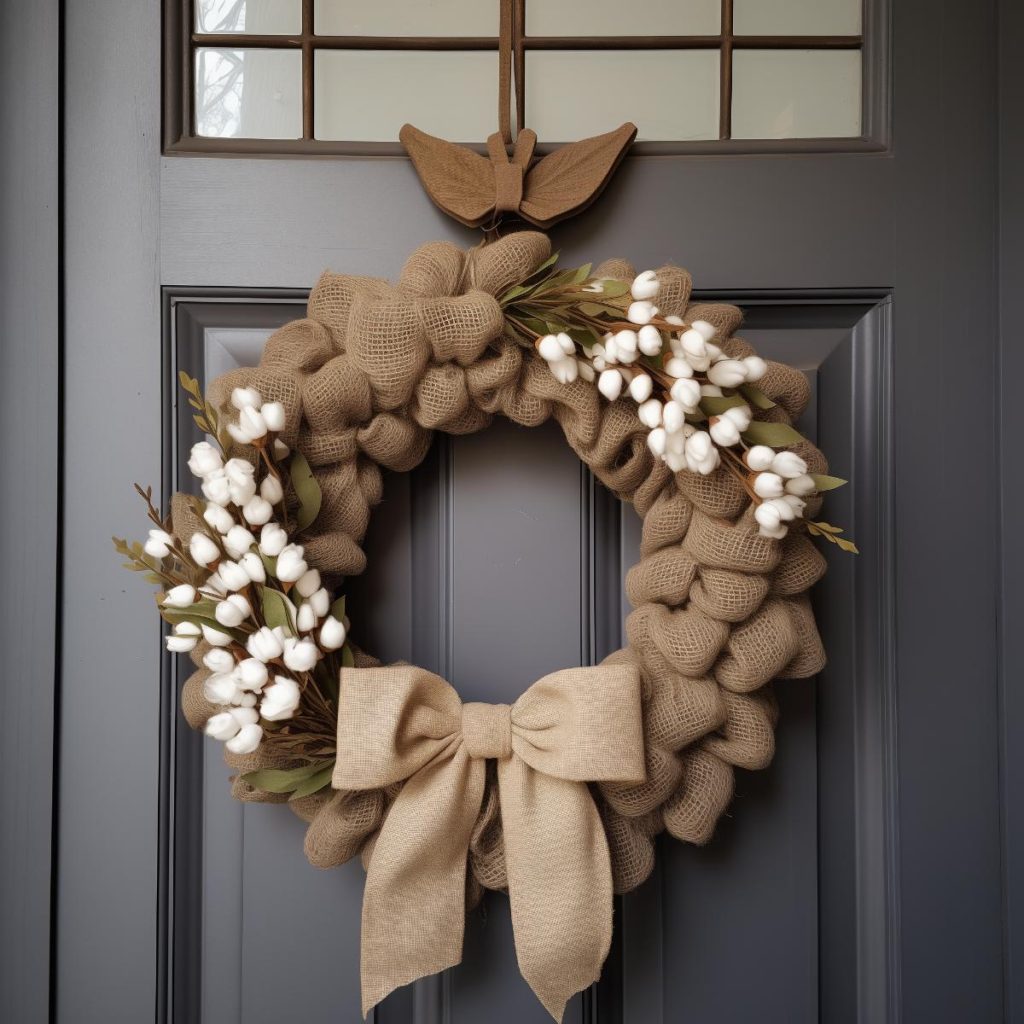 Wreath made of burlap and cotton flowers