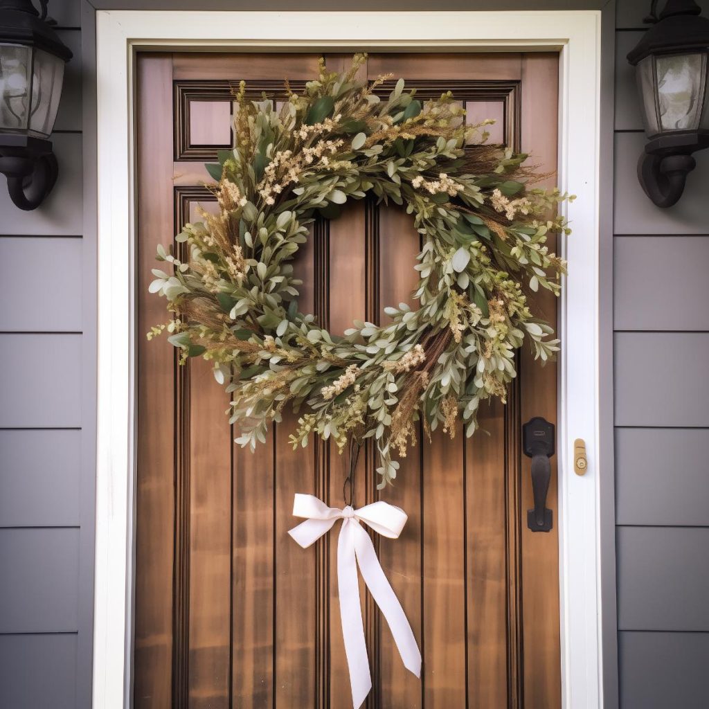 Clusters of delicate dried flowers nestled among foliage, with a ribbon hanging beneath the wreath