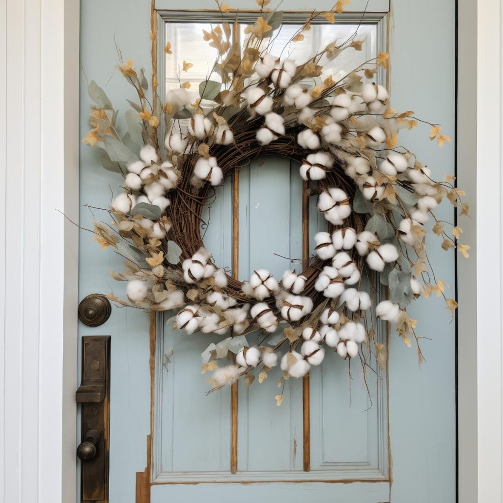 Billowing bouquet, farmhouse wreath idea with cotton, stems and <a href=