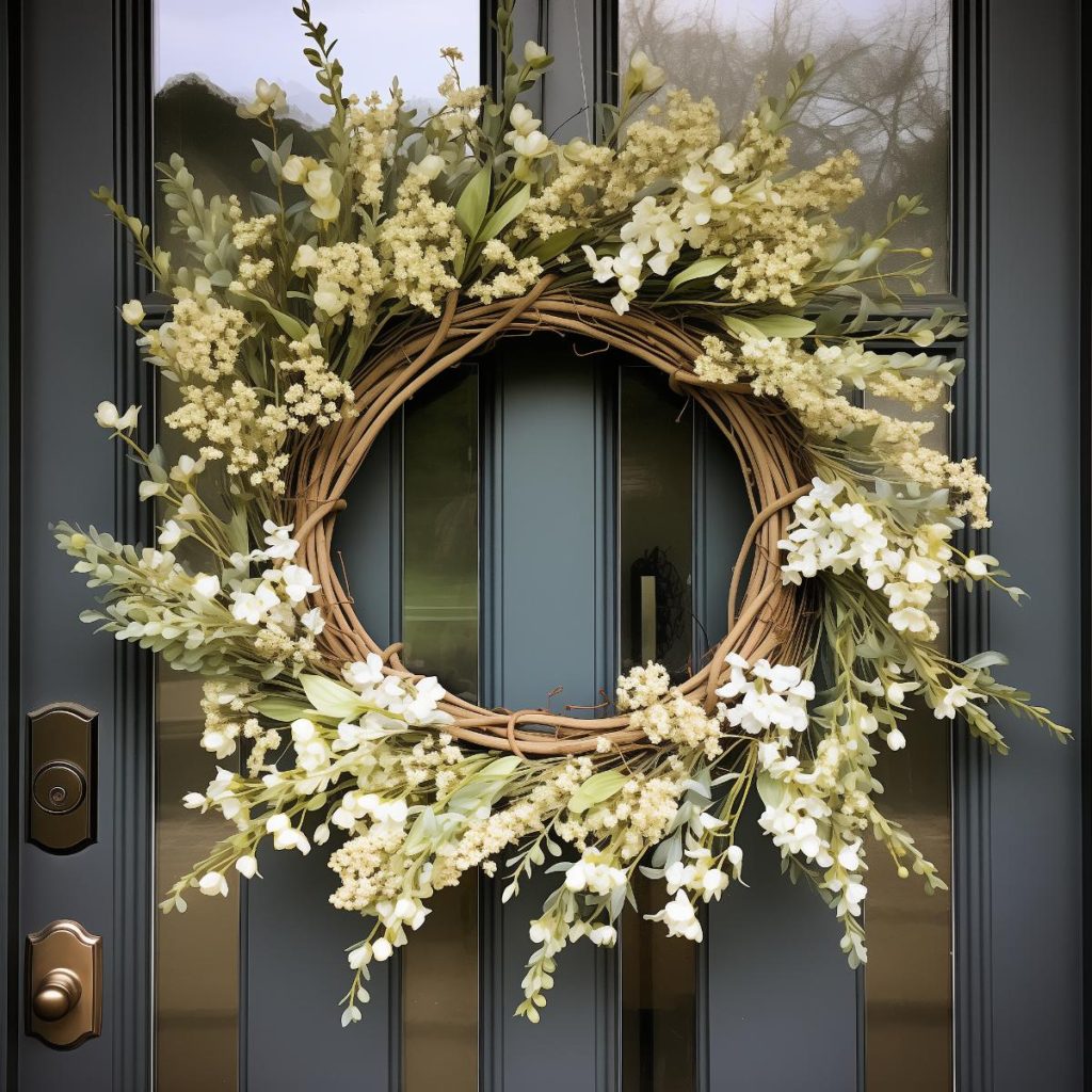 bundled flowers and leaves on a vine wreath