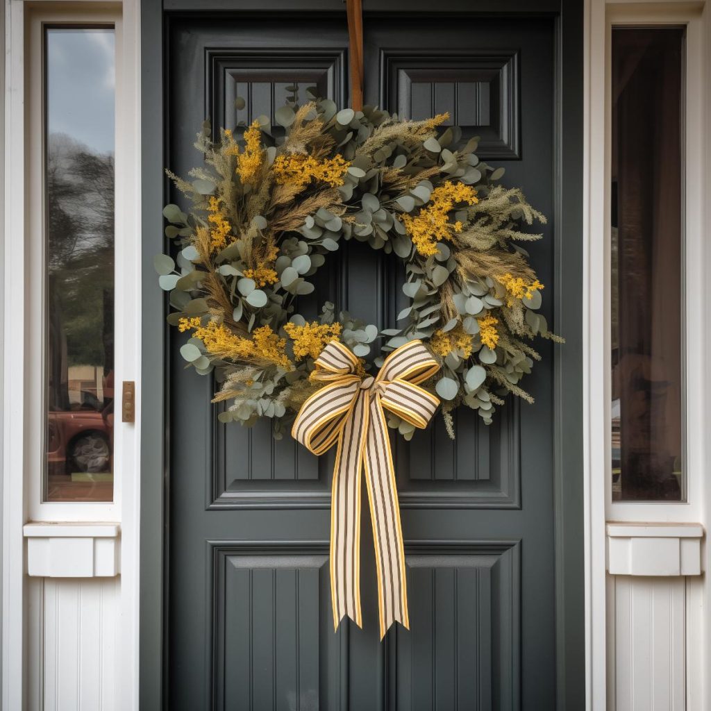 Eucalyptus leaves and goldenrod with striped ribbon on a wreath