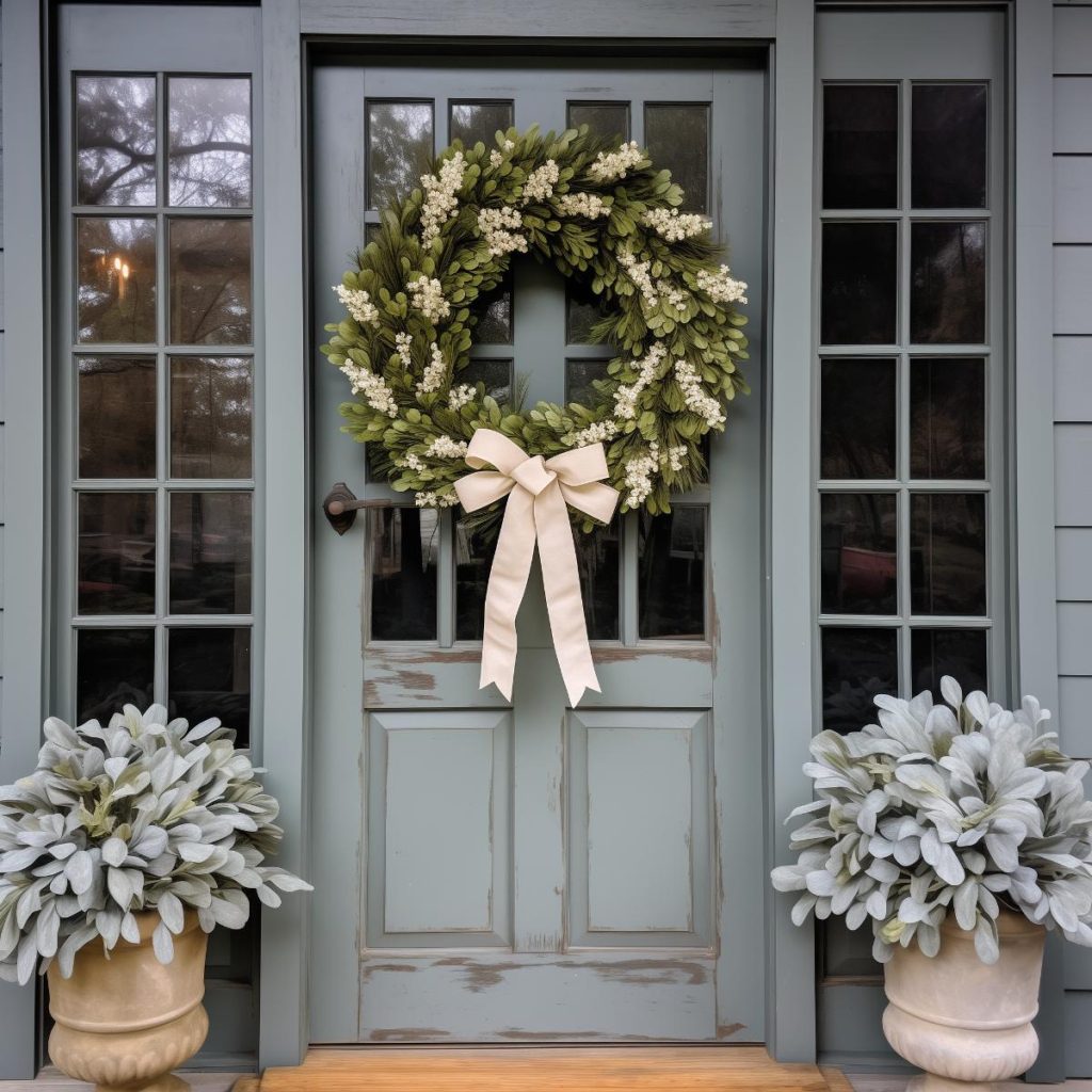 Teardrop-shaped eucalyptus leaves, grassy greenery and delicate white gypsophila flowers on a farmhouse wreath