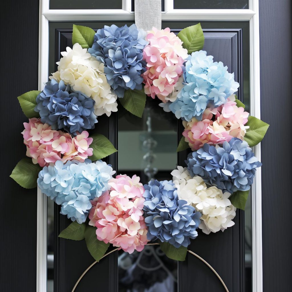 Idea for a farmhouse wreath with hydrangea flowers in pastel pink, ivory cream, blue and sky blue