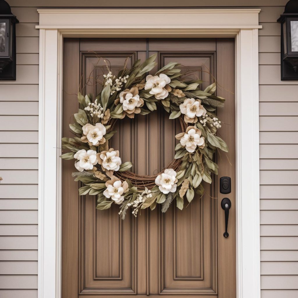 Wreath with braided branches, magnolia leaves and large flowers