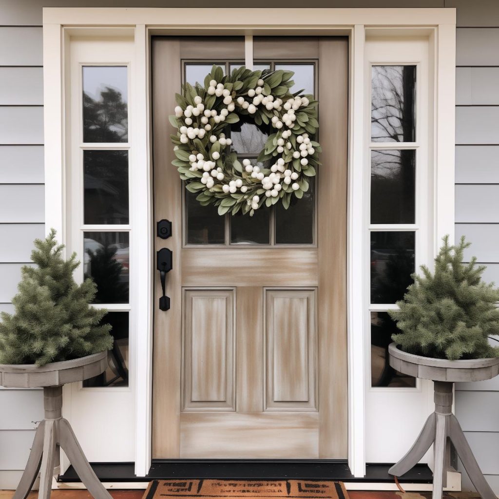 Farmhouse wreath decorated with fragrant sage leaves and large artificial snowberries