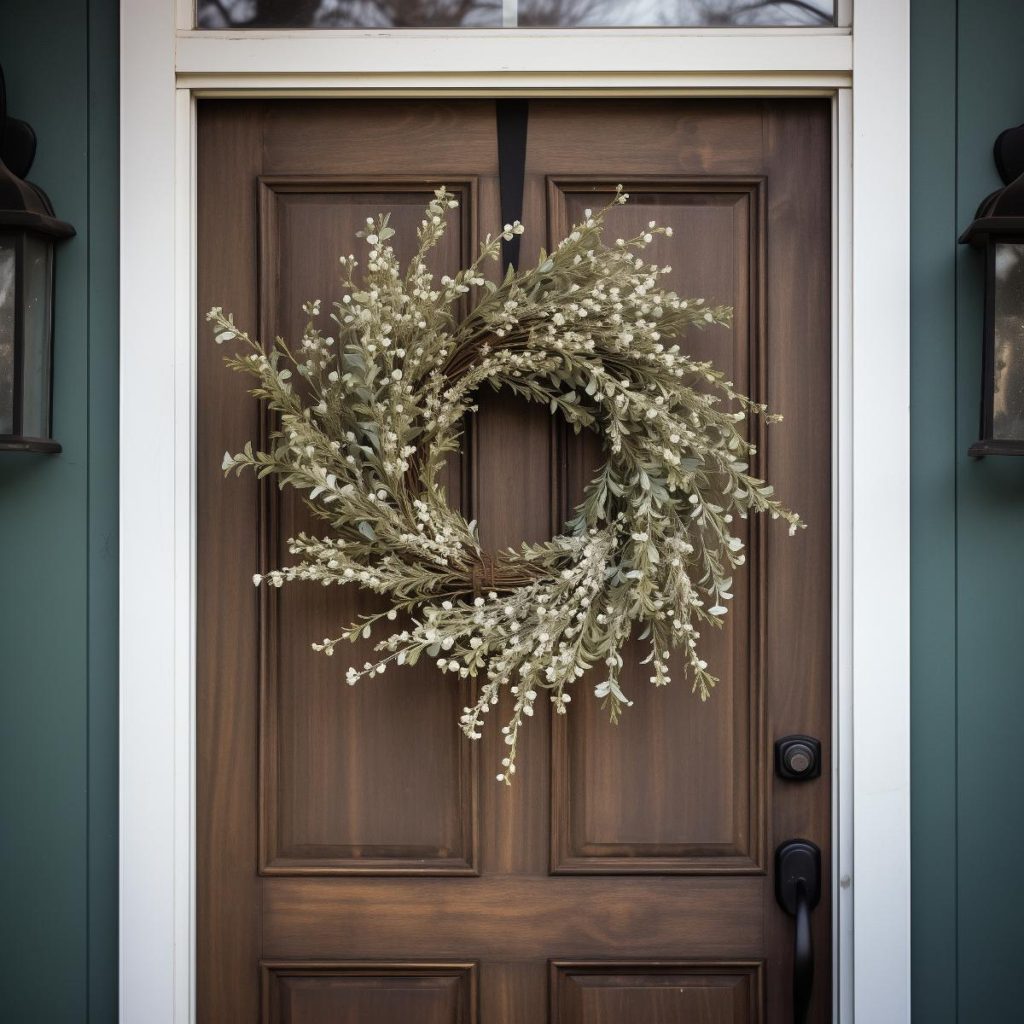 Pretty farmhouse wreath with rustic branches, charming leaves and dancing white flowers