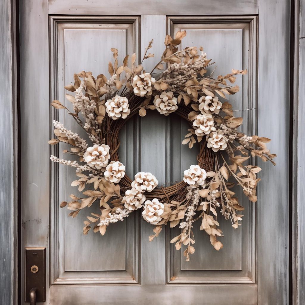 Branches picked directly from fall orchards form the organic base of this muted yet striking fall floral wreath