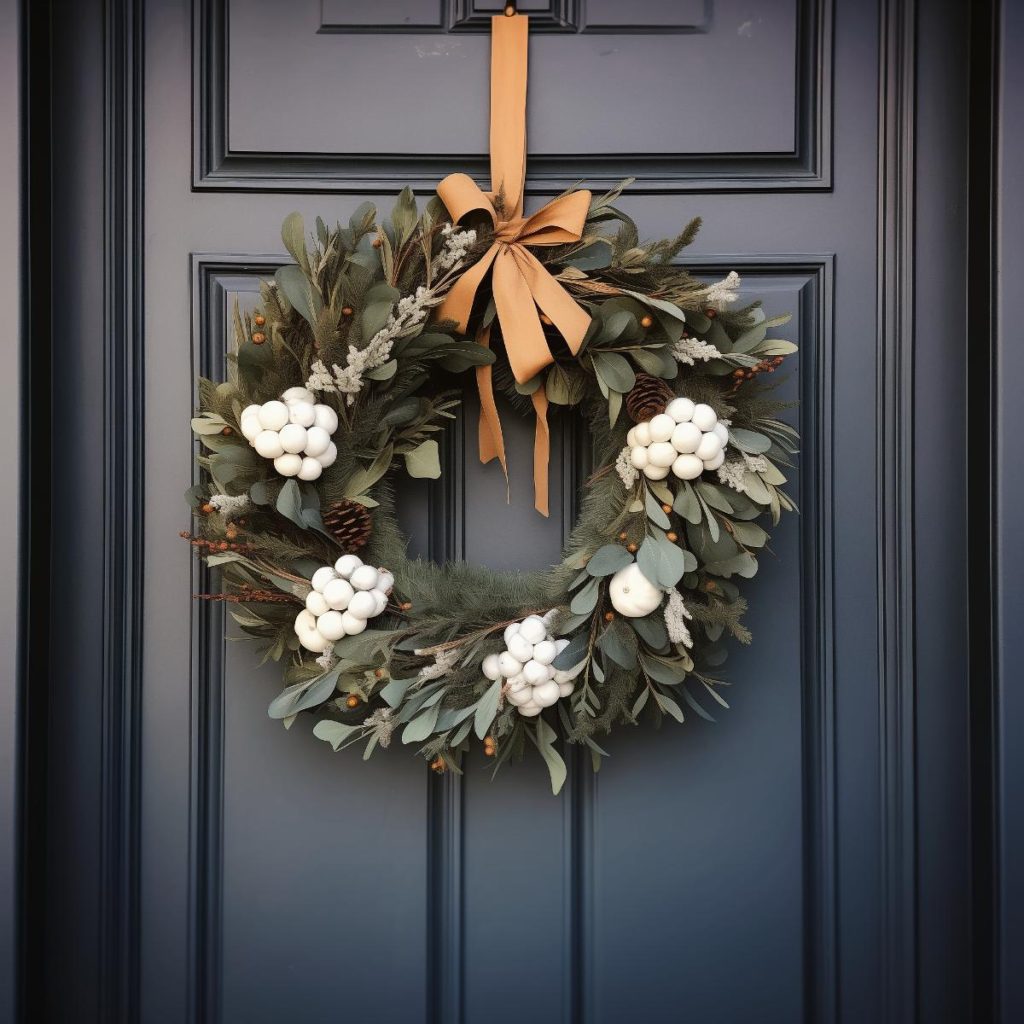 Idea for a farmhouse wreath with teardrop-shaped eucalyptus, bright greenery and pine cones