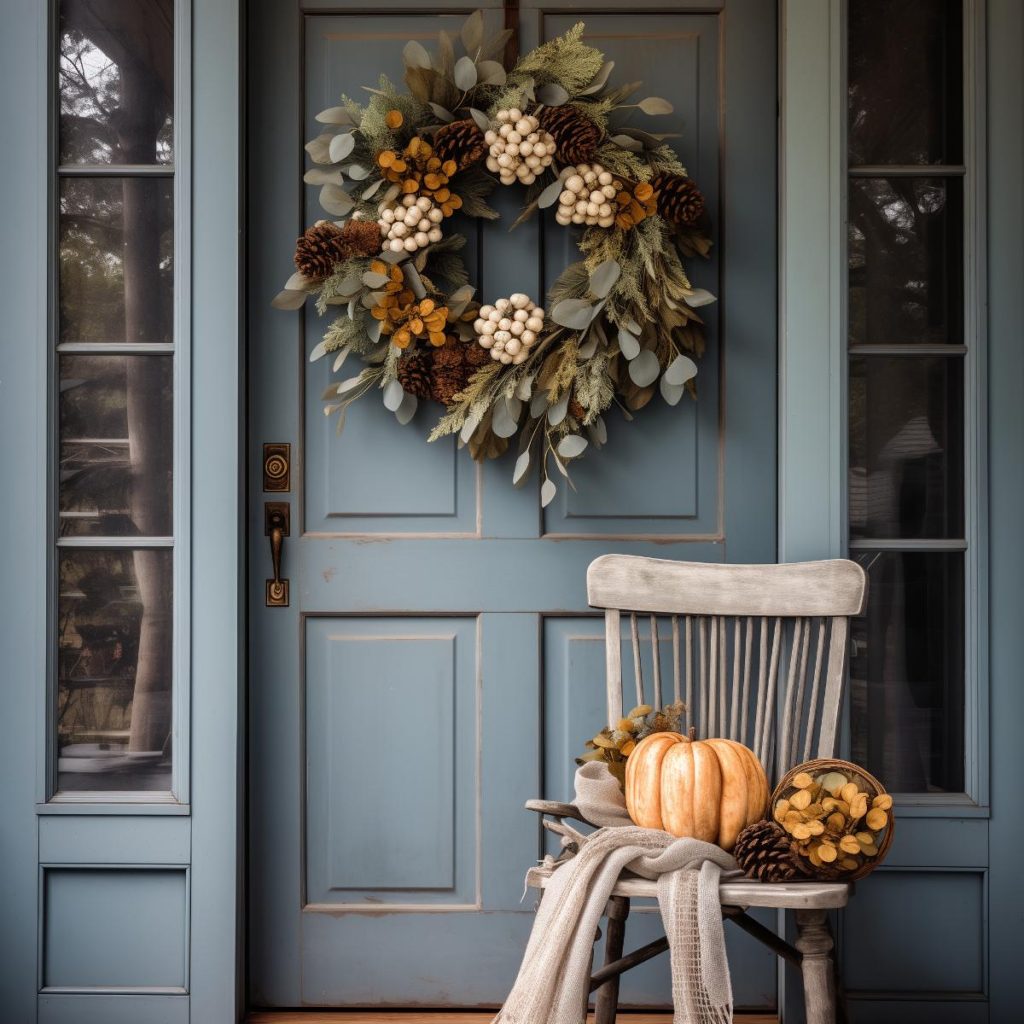 Wreath with eucalyptus leaves, orange leaves, delicate blades of grass, pine cones and ice-white berries 